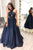 A Line Navy Blue Satin Sleeveless Sequins V Neck Strapless Long Prom Dress Evening Dress OHC368 | Cathyprom 