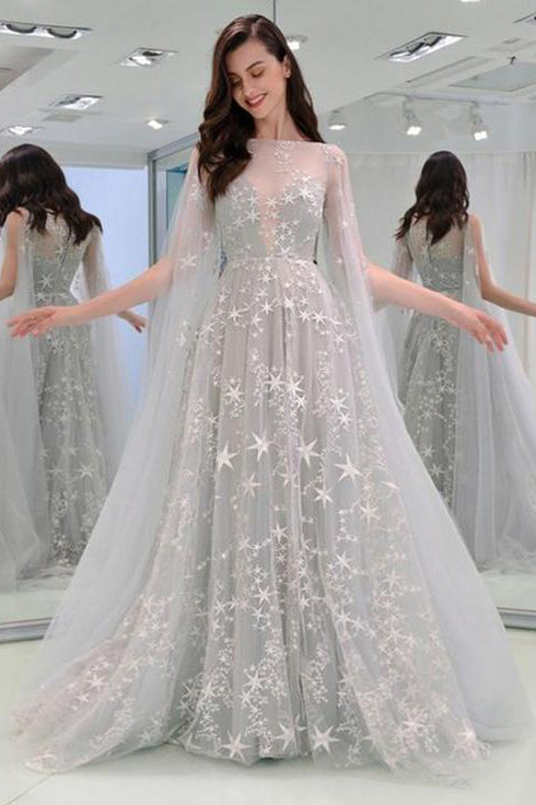 grey floral prom dress Grey Tulle Sequins V-neck Prom Dresses, Formal Dress PL416