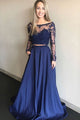 Sparkly Navy Blue Lace Long Sleeve A Line Formal Prom Dress Two Pieces Evening Dress OHC369 | Cathyprom
