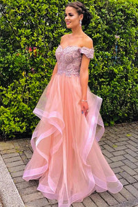A Line Off The Shoulder Lace Strapless Short Sleeves Long Pink Tulle Prom Dress Evening Dress OHC362 | Cathyprom
