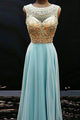 A-line Jewel Illusion Back Floor Length Light Blue Prom Dress with Beading P91 | Cathyprom