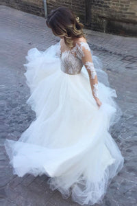 Ball Gown Floor-length Long Sleeves Tulle Bridal Gown Wedding Dresses with  Appliques OHD129 | Cathyprom