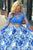 Two Piece Bateau Sweep Train Long Sleeves Blue Printed Satin Prom Dress with Beading Lace L20