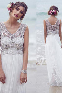 Beautiful A-line V-neck Sweep Train Sleeveless Tulle Bridal Gown Wedding Dresses with Beading OHD137 | Cathyprom