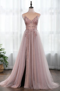 A-line Spaghetti Straps See Through Sleeveless Beading Long Tulle Prom Dress With Slit Evening Dress OHC296 | Cathyprom