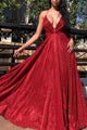Elegant A Line Sweep Train Lace Up V Neck Long Sequins Prom Dress OHC545