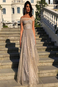 A Line Sequin Off Shoulder Open Back Prom Dresses OHC549