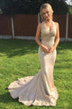 Sexy Halter Golden Mermaid Sweep Train Backless Satin Long Prom Dresses OHC538