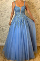 Modest A Line Spaghetti Straps Sleeveless Appliques Beading Long Blue Tulle Prom Dress OHC306 | Cathyprom