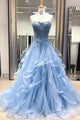 Chic Prom Dresses Sweetheart Sky Blue Ruffles Sleeveless Applique Lace Tulle Prom Dress Sexy Evening Dress OHC313 | Cathyprom
