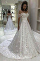 Gorgeous A Line Off the Shoulder White Sleeveless Satin Wedding Dresses with Appliques OHD104 | Cathyprom