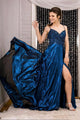 Pretty A Line Spaghetti Strap Sweep Train Sleeveless Beaded Slit Long Blue Satin Prom Dress OHC328 | Cathyprom