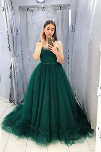 A Line Spaghetti Straps Sweetheart Sleeveless Long Green Tulle Prom Dress Evening Gown OHC329 | Cathyprom