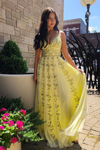 Charming A Line V Neck Spaghetti Straps Sleeveless Long Yellow Tulle Prom Dress With Lace Applique OHC343 | Cathyprom