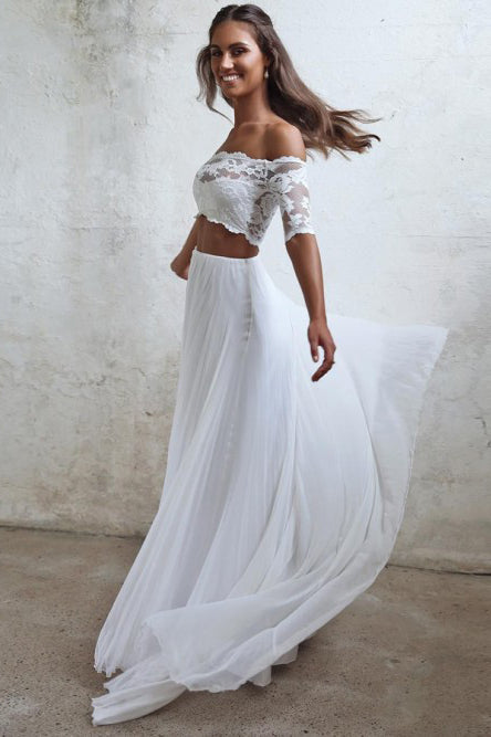 Two Piece Off-the-Shoulder White Chiffon Short Sleeves Beach Wedding D cathyprom Two Piece Off-the-Shoulder White Chiffon Short Sleeves Beach Wedding D cathyprom