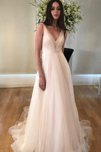 A-Line V-Neck Backless Sleeveless Sweep Train Tulle Wedding Dress with Pockets OHD115 | Cathyprom