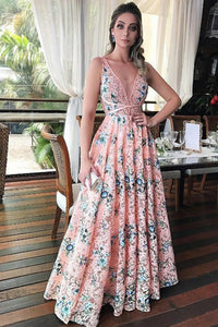 A-Line Scoop Sleeveless Floor-Length Pink Floral Lace Prom Dress OHC094 | Cathyprom