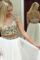 Two Piece A-line Deep V-neck Cap Sleeves Long White Prom Dress with Beading P85 | Cathyprom