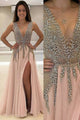 A-Line V-Neck Floor-Length Pink Tulle Prom Dress with Beading P61