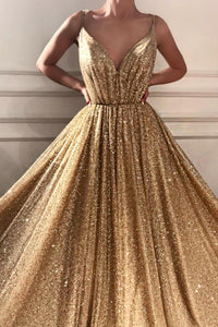 Sparkly A Line Spaghetti Straps Floor Length Sleeveless Gold Long Tulle Prom Dress OHC109 | Cathyprom