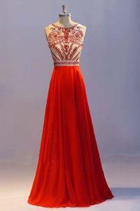 Glamorous A-line Crew Neck Floor Length Orange Prom Dress with Beading Crystals Pleats LPD44 | Cathyprom
