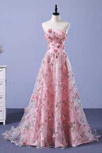 A-line Sweetheart Sweep Train Sleeveless Floral Print Long Tulle  Prom Dress OHC138 | Cathyprom