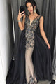 Sheath V-Neck Over Skirt Sweep Train Grey Prom Dress with Appliques Beading OHC003 | Cathyprom