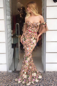 Mermaid Off-the-Shoulder Short Sleeves Champagne Prom Dress with Appliques OHC033 | Cathyprom