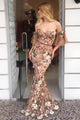 Mermaid Off-the-Shoulder Short Sleeves Champagne Prom Dress with Appliques OHC033 | Cathyprom