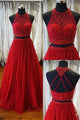 Two Piece Jewel Sweep Train Open Back Red Prom Dress with Beading Appliques P89 | Cathyprom