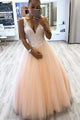 Charming A Line V Neck Sleeveless Long Pink Tulle White Lace Prom Dress Formal Dress Evening Dress OHC352 | Cathyprom