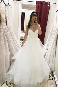 A Line High Neck Sleeveless Beaded Layered Long Long White Tulle Senior Prom Dress Formal Dress OHC340 | Cathyprom