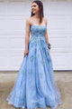 Charming A Line Blue Lace Tulle Spaghetti Straps Long Prom Dress Evening Dress With Applique OHC379 | Cathyprom