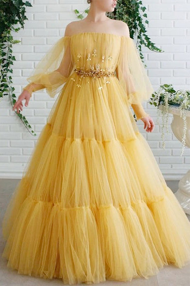 A Line Off The Shoulder Long Sleeves Lace Applique Beading Long Yellow cathyprom A Line Off The Shoulder Long Sleeves Lace Applique Beading Long Yellow cathyprom