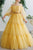 A Line Off The Shoulder Long Sleeves Lace Applique Beading Long Yellow Tulle Prom/Formal Dress OHC334 | Cathyprom