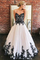 Charming A Line Sweetheart White Tulle Black Lace Long Formal Prom Dress Evening Dress OHC373 | Cathyprom