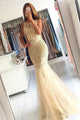 Mermaid Crew Sweep Train Sleeveless Beading Champagne Long Tulle Prom Dress OHC304 | Cathyprom