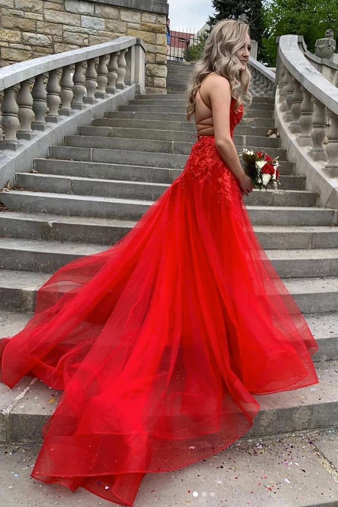 Customize A Line V Neck Sleeveless Lace Applique Long Red Tulle Prom D – cathyprom
