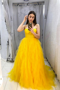 Customize Dress A Line Spaghetti Strap Sweetheart Sleeveless Long Yellow Tulle Prom Dress Formal Dress OHC330 | Cathyprom