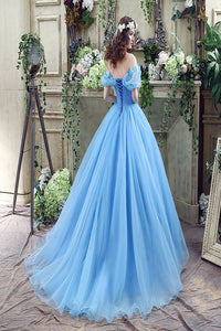Off Shoulder Tulle Princess Beaded Charming Applique Backless Long Prom Dress LPD15
