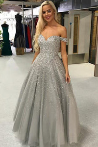 Beautiful A Line Grey Tulle Off Shoulder Silver Beaded Long Formal Prom Dress Evening Dress OHC389 | Cathyprom