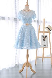 Lace Short Blue Prom Dress Blue Homecoming Dress Knee Length with Appliques HD2
