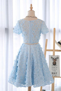 Lace Short Blue Prom Dress Blue Homecoming Dress Knee Length with Appliques HD2