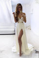 A Line Off The Shoulder Sleeveless Lace Side Slit Long White Chiffon Prom Dress Formal Dress OHC338 | Cathyprom