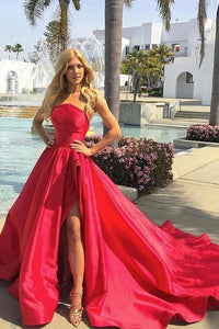 Unique A Line Strapless Sleeveless Split Long Red Satin Prom Dress Evening Dress OHC355 | Cathyprom