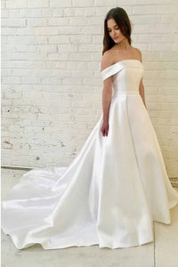 A-Line Off-the-Shoulder Sweep Train White Satin Wedding Dress OHD072 | Cathyprom