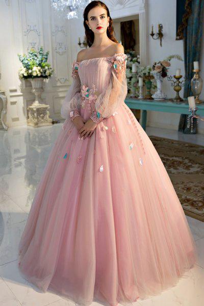 A Line Long Sleeves Pearl Pink Ball Gown Off the Shoulder Long Floral cathyprom A Line Long Sleeves Pearl Pink Ball Gown Off the Shoulder Long Floral cathyprom
