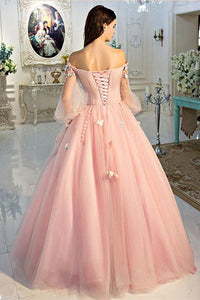 A Line Long Sleeves Pearl Pink Ball Gown Off the Shoulder Long Floral Fairy Prom Dresses PD20