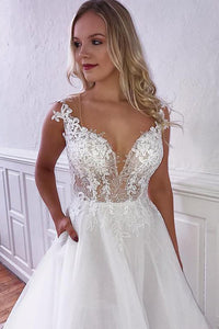 Charming A Line V Neck White Sleeveless Open Back Wedding Dresses Appliques OHD101 | Cathyprom