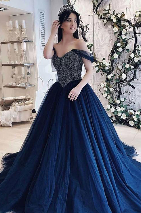 Elegant Navy Blue Tulle Off Shoulder Long Princess Formal Prom Dress E cathyprom Elegant Navy Blue Tulle Off Shoulder Long Princess Formal Prom Dress E cathyprom